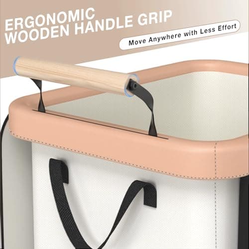 40 Gal (150L) Laundry Hamper with Lid, Leather Patchwork Laundry Basket with Rolling Lockable Wheels and Handle, Laundry Basket Organizer for Laundry Room, Bedroom and Bathroom,Laundry Room - White - Thumbnail 5