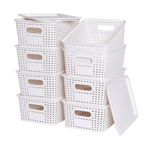 Ohmlove Plastic Storage Baskets with Lid - Plastic Storage Containers Stackable Storage bins: Storage Baskets for Organizing Shelves Drawers Desktop Closet Playroom Classroom Office, 8 Pack-White