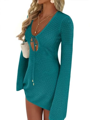 ANRABESS Women’s Crochet Swimsuit Cover Up, V Neck Mesh Knit Beach Dress, Long Sleeve Summer Vacation Beachwear Small - Image 1