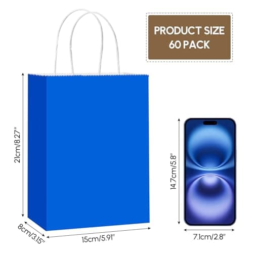Qioxiou 60 Pack Blue Gift Bags 5.91x3.15x8.27 Small Size Kraft Paper Bags with Handles Bulk for Birthday Wedding Party Favors Grocery Retail Shopping Business Goody Craft Gift Bag Sacks - Thumbnail 2