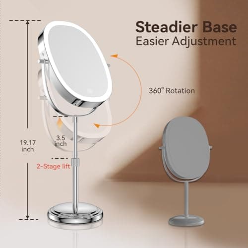 DeLanges 9″ Makeup Mirror with Lights, 7X Magnification, Height Adjustable Vanity Mirror, Rechargeable 3 Color Lighting Mode, 360° Swivel Double Sided Magnifying Mirror, Chrome, Gift for Women - Thumbnail 3