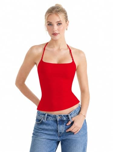 Women Halter Tank Tops Backless Sexy Summer Going Out Y2K Tops Sleeveless Double Line Camisole Crop Top Shirts(Red,Medium) - Thumbnail 2