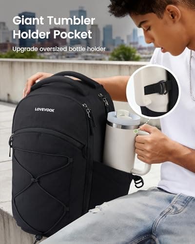 LOVEVOOK Everyday Laptop Backpack for Women & Men With Giant Tumbler Holder,15.6 Inch Classic Travel Work College Teacher Carry on Backpack Purse,Waterproof Computer laptop Bag Hiking Backpack,Black - Thumbnail 2