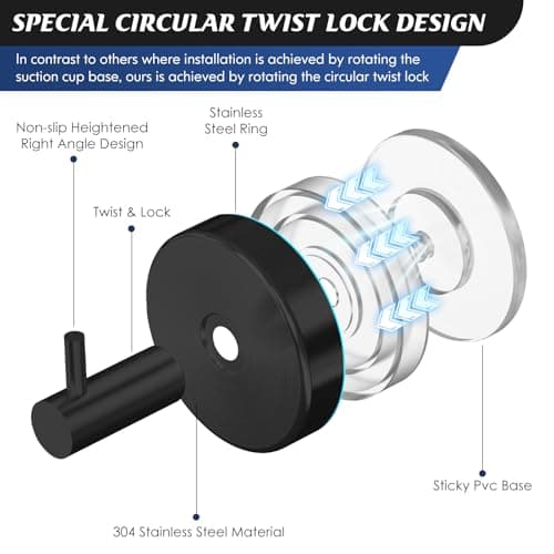 Utobao Suction Cup Hooks for Shower,Shower Hook on Glass,Windows,Tile,Mirrors,Metals,Towel Hooks for Bathrooms for Hanging Towels,Robe,Loofah-Black(2 Pack) - Thumbnail 2