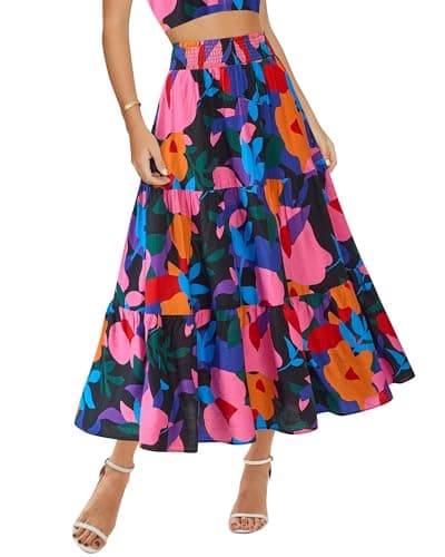 BTFBM Skirts for Women Summer 2026 Floral Print A Line Elastic High Waist Boho Maxi Skirt Spring Fashion Clothing Pocket(Floral Black, Large) - Image 1