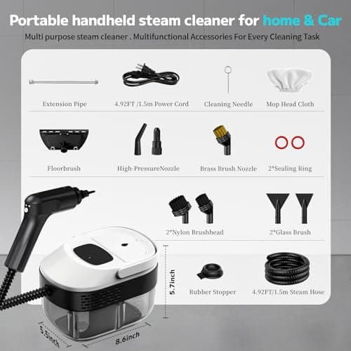 SRGARH Pressurized Steam Cleaner, 54oz Large Tank, Portable Steamer for Cleaning with 15-Piece Kit, 15s Fast Heat-Up, 3-Level Control, Handheld Steam Cleaner for Home, Car, Kitchen (White) - Thumbnail 4