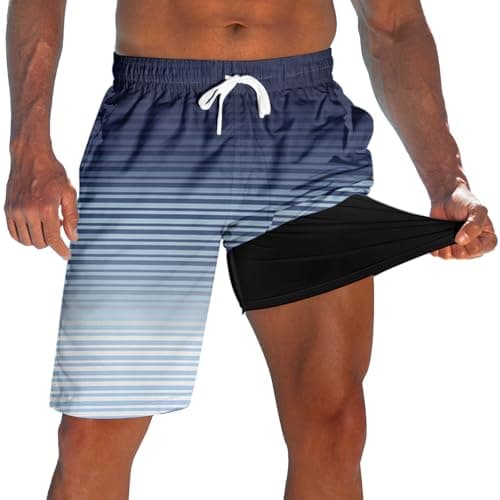 Men's Board Shorts with Compression Liner Stretch Blue Stripe Swimming Trunks for Mens Novelty 9" Beach Shorts Brief Liner Quick Dry Man Hawaiian Swim Suits Summer Swimwear L - Image 1