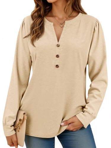 Cicy Bell Womens Puff Long Sleeve Henley Shirts Trendy Casual V Neck Button Up Tunic Tops Loose Fit Basic Tees Beige