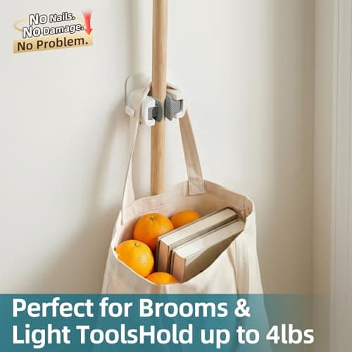 TAILI Mop and Broom Holder Wall Mount Grippers, 2 Hangers and 6 Adhesive Strips, Damage Free Hanging Wall Mount, Household Cleaning Organizer for Organization and Storage, Holds up to 4 lbs, Grey - Thumbnail 5