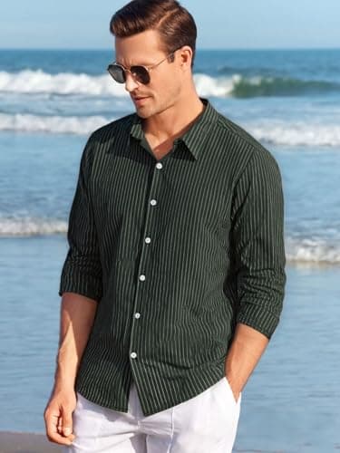BAYAMO Men's Button-Down Striped Shirts Casual Long Sleeve Cotton Linen Collared Shirts Fashion Business Dress Shirt Green L - Thumbnail 3