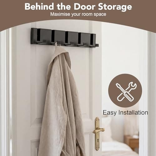 Dntorx Wall Coat Rack with 5 Foldable Hooks, Black Metal Coat Hooks Hanger - Thumbnail 2