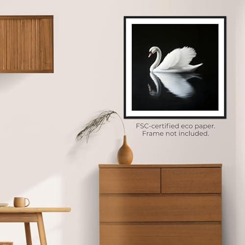 Moonow7 Elegant Wall Art Prints, Black and White Swan Gliding on Water for Wall Decor in Living Room, Bedroom, Entryway Shelf, Dressing Room, or Office, Unframed Size 12x12” / 30x30 cm - Thumbnail 6