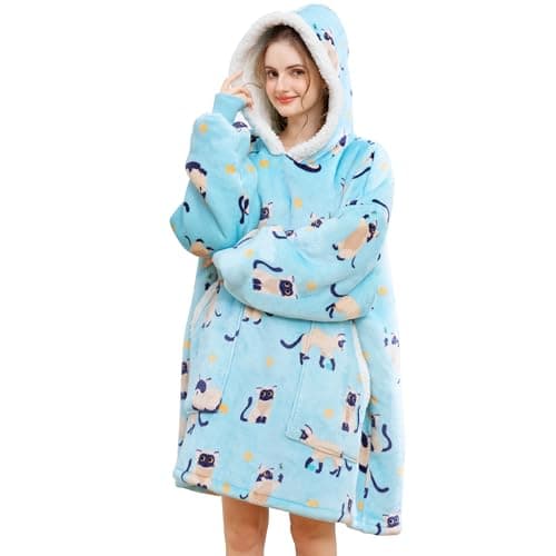 Kipswiza Cozy Wearable Blanket Hoodie - Oversized Sherpa & Flannel Hooded Sweatshirt, Gifts for Cat Lovers, Women, Men, Teens, Siamese Cat Print(Light Blue) - Image 1