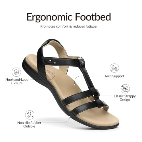 Rihero Orthopedic Flat Sandals for Women Black Arch Support Comfortable Casual Summer Walking Orthotic Sandals Size 9 - Thumbnail 4