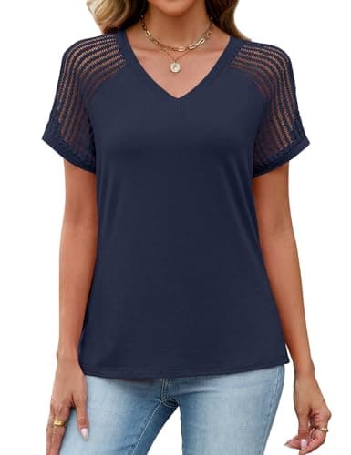 JUSTFASHIONNOW Short Sleeve Blouses for Women Cute Summer Tops Dressy Casual V Neck Tshirts 2026 Trendy Spring Clothes（Navy Blue,X-Large - Thumbnail 5
