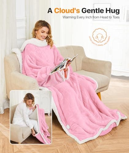SIHOHAN Heated Throw Blanket Wearable Blanket Throw with Foot Pockets, Sleeves Flannel & Sherpa Wearable Blanket 8 Heating Levels & Timer Snuggle Blankets for Home Office-Electric Blanket 50*60" Pink - Thumbnail 2
