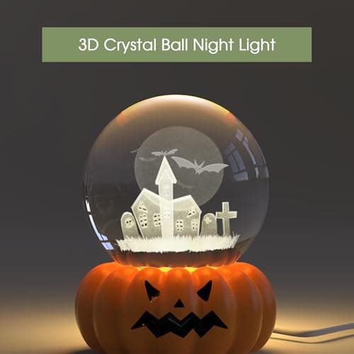 L LOHAS LED 3D Crystal Ball Night Light-Laser Engraved Haunted House Bat with Pumpkin Base,Cute & Funny Halloween Night Light for Kids, 3000K Warm White for Halloween Party Decor - Thumbnail 5