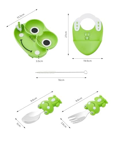 Ecrekhom Silicone Baby Feeding Set 5 Pcs, Weaning Supplies, Frog Baby Plates Baby Spoon & Fork, Baby Utensils Feeding Essentials - Thumbnail 2