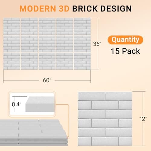 15 Pack Brick Acoustic Panels with Self Adhesive, 12" x 12" x 0.4" High Density Sound Absorbing Foam Panels for Walls, Noise Reduction for Home Studio & Office – White - Thumbnail 2