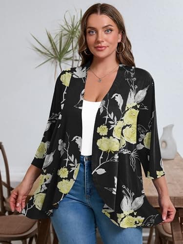 AusLook Women's Plus Size 3/4 Sleeve Lightweight Open Front Cardigan Black Golden Floral 2X Draped Ruffles Causal Cover Ups Shrugs Tops Shawls and Wraps Kimono Jacket Coat - Thumbnail 3