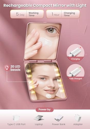 Compact Mirror, Rechargeable 30X Magnifying Mirror with 3 Lighting Modes & Dimmable Brightness, Portable Travel Makeup Mirror with Light, Essentials for Travel, Pocket, Purse, Gifts for Women Rose - Thumbnail 5