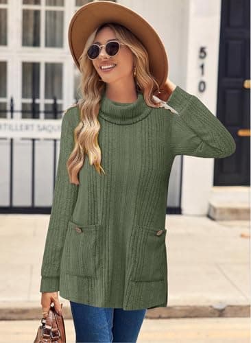 Bulotus Women's Turtleneck Sweaters 2026 Winter Long Sleeve Ribbed Knit Comfy Loose Casual Tunic Tops Vintage Green - Thumbnail 4