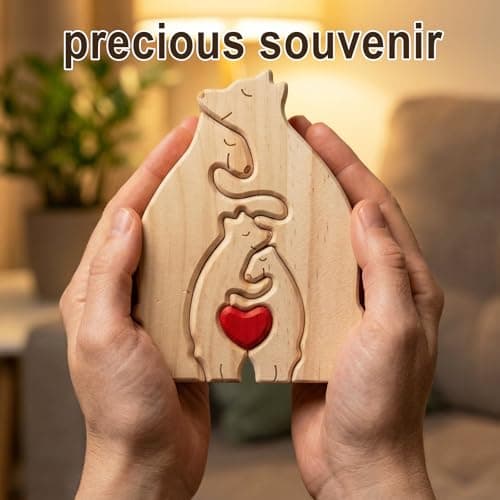 Personalized Wooden Bears Family Puzzle with Heart Decorations, Blank Bear Sculptures with Base for Home Decor, Housewarming Birthday Gift for Parents (4 Bears) - Thumbnail 5