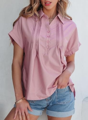 Dokotoo Plus Size Tops for Women Dressy Casual Chiffon Blouse Short Sleeve Shirts for Women Collared V Neck Work Office Button Down Shirt Solid Color Loose Fit T-Shirts Pink Polo Shirts XX-Large - Thumbnail 4
