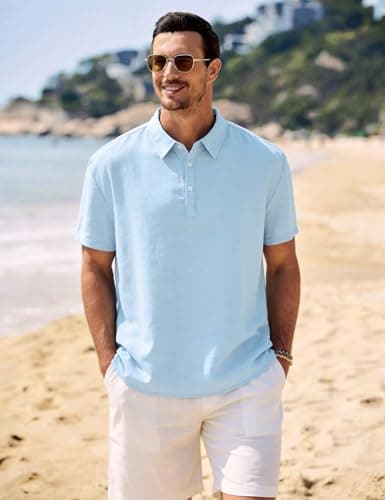 Eisctnd Men's Polo Shirts Short Sleeve Linen Blend Golf Collared T-Shirt for Summer Wedding Beach Vacation Business Casual(SkyBlue-XXL) - Thumbnail 2