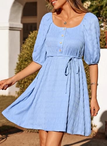 Dokotoo Sun Dresses for Women Casual Square Neck Sexy Dresses 2026 Fashion Texture Vacation Dress Short Sleeve Button Empire Waist Backless A Line Sky Blue Boho Dress XX-Large - Thumbnail 6