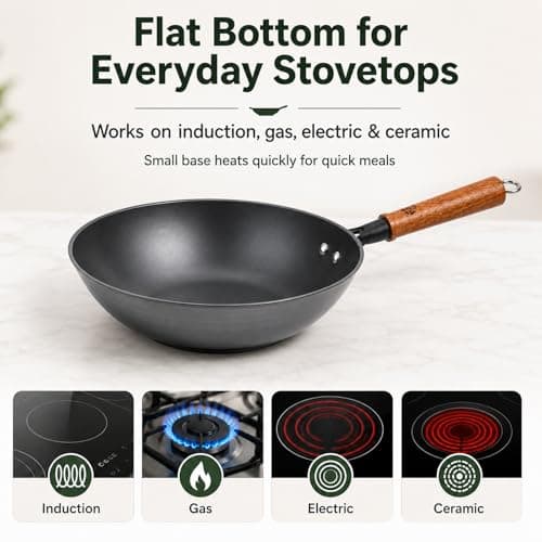 WANGYUANJI Carbon Steel Wok Pan - 10 Inch Nitrided Rust Resistant Stir Fry Pan, Flat Bottom Deep Iron Skillet with Lid, Lightweight Induction Cookware for 1-2 People, No Chemical Coating (26cm) - Thumbnail 6