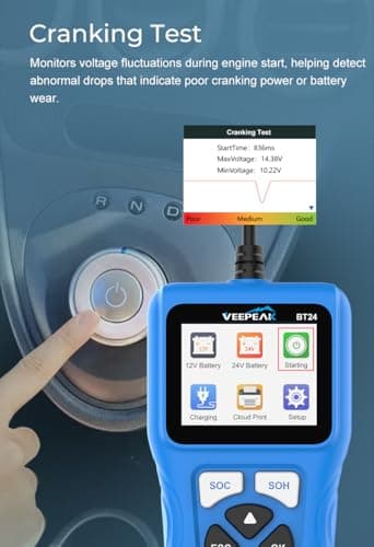 Veepeak Car Battery Tester 12V 24V, 100-2000CCA Battery Load Tester Analyzer with Cranking and Charging System Test for Cars, SUVs, Boats, Trucks and Motorcycles - Thumbnail 4