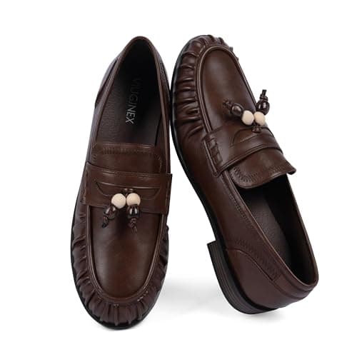 VIUGJNEX Flats Shoes Women Dressy Comfortable Dark Brown Penny Loafers for Women Ruched Toe Womens Moccasins Beaded Slip on Leather Loafers Womens Office Cusal Walking Shoes Size 6.5 - Thumbnail 5