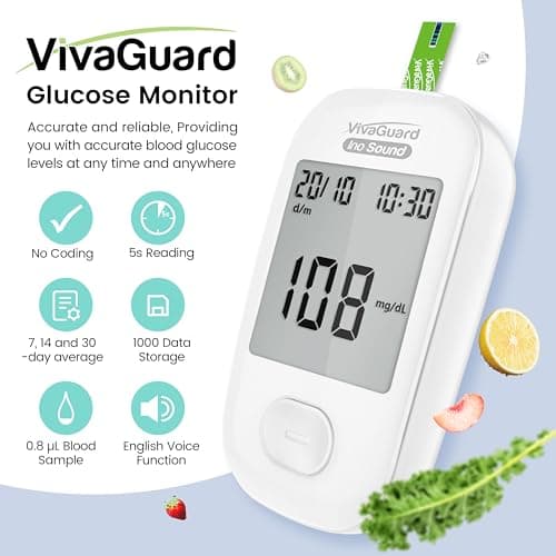 VivaGuard Talking Blood Glucose Monitor Kit, 100 Glucometer Strips & 100 Lancets, 1 Blood Sugar Monitor, 1 Lancing Device, Diabetes Testing Kit for Seniors and Home Use with Travel Case, No Coding - Thumbnail 2