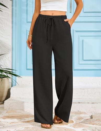 LOOKBOHO Wide Leg Pants for Women Flowy Palazzo Drawstring Elastic Waist Trousers with Pockets Summer Beach Vacation Clothes Black XL - Thumbnail 4