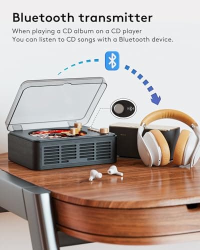 CARONSORT CD Player with Speakers Bluetooth Nostalgic Retro Portable CD Players for Home Wood Music Player FM Radio for Home Wired and Remote Control-Black - Thumbnail 3