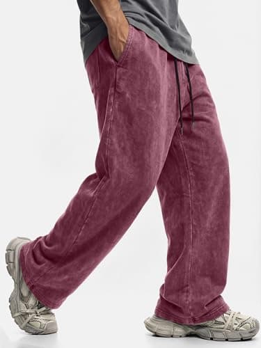 JMIERR Men's Wide Leg Pants Casual Trousers Acid Washed Baggy Cotton Hip Hop Drawstring Streetwear Sweatpants with Pockets, 2XL, Burgundy - Thumbnail 2