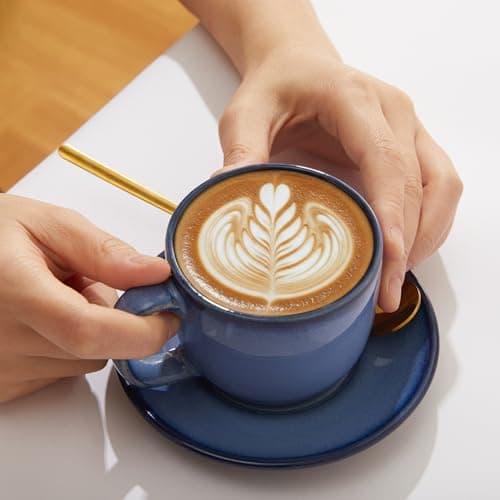Pokini Stoneware Coffee Cups with Saucers, 6 Oz Cappuccino Cups Set of 4, Microwave & Dishwasher Safe, Perfect For Tea, Espresso, Latte, Ceramic Mugs for Kitchen or Cafe, Light Blue - Thumbnail 5