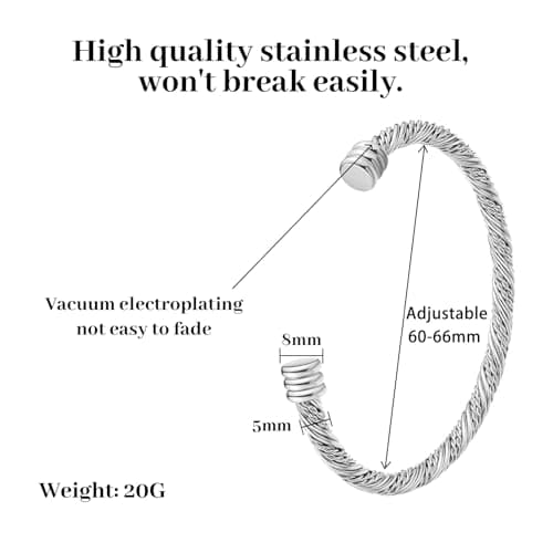 BOLAGTIER Stainless Steel Twisted Cable Wire Bracelets Adjustable Open Cuff Bangle Bracelet Vintage Jewelry Gift for Women (C-Silver 62) - Thumbnail 5