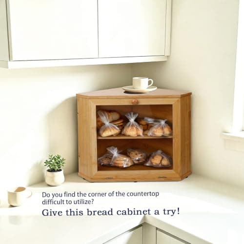 SEGGDFQ Corner Bread Box for Kitchen Countertop, 100% Natural Bamboo, 2-Tier Wooden Bread Storage Cabinet, Fresh Bread Keeper with Clear Door for Small Kitchens, RV And Camping - Thumbnail 2