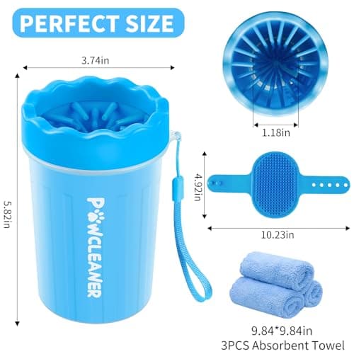 Professional 7 in 1 Dog Paw Cleaner for Dogs & Cats - Includes 1 Portable Paw Washer, 1 Bath Brush, 2 Dog Toothbrushes and 3 Absorbent Towels Note: Fits Paws 1.5 to 2.5 Inches Wide (Medium, Blue) - Thumbnail 6