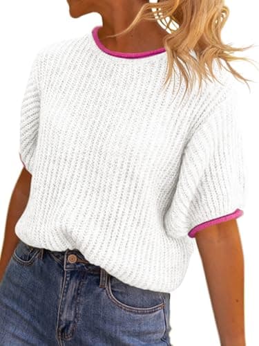 Saodimallsu Womens Puff Short Sleeve Sweater Tops Spring Summer Color Block Ribbed Knit Crew Neck Going Out Shirts White - Image 1
