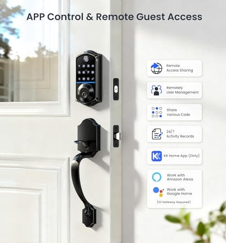 Veise VE017-H Fingerprint Smart Front Door Lock Set, App Control, 8-in-1 Keyless Entry Deadbolt with Zinc Alloy Handles, Emergency Power Port, Touchscreen Keypad, Auto Lock, Easy Install, Matte Black - Thumbnail 2