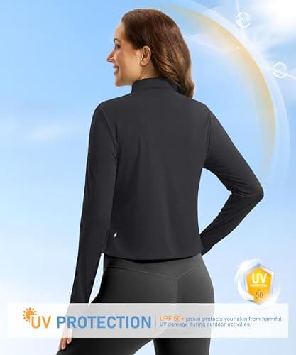 Soothfeel Women's UPF 50+ Sun Protection Athletic Jacket Lightweight Crop Zip Up Long Sleeve SPF Shirts Hiking Workout Pocket Black M - Thumbnail 3