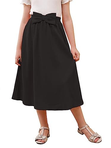 GORLYA Girls A-Line Bow Knot Elastic High Waist Swing Maxi Skirt with Pockets for 4-14T (GOR1162,6Y,Black) - Image 1
