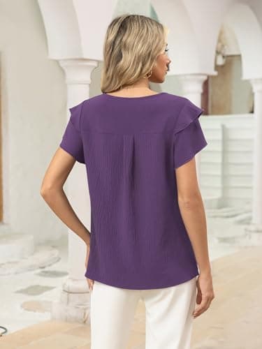 Funlingo Blouses for Women Dressy Casual Short Ruffle Sleeve Crew Neck Tops Summer Flowy Pleated Shirts Business Office Work Clothes Purple XL - Thumbnail 4