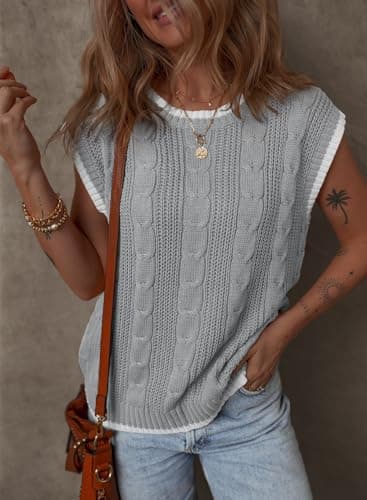 Dokotoo Women Tank Tops Round Neck Cap Sleeve Color Block Cable Knit Womens Tops Womens Tank Tops Sweaters for Women Trendy Gray Large - Thumbnail 2