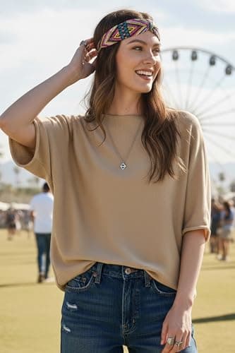 Orolay Short Sleeve Sweater for Women Lightweight Loose Fit Boat Neck Knit Pullover Top Dolman Sleeve Trendy Tops for Spring Summer 2026 Khaki - Thumbnail 5