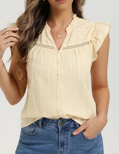 Belle Poque Women's Ruffle Short Sleeve Cotton Shirts V Neck Button Down Lace Crochet Blouses Spring Summer Dressy Casual Tops 2026 Apricot L - Thumbnail 2