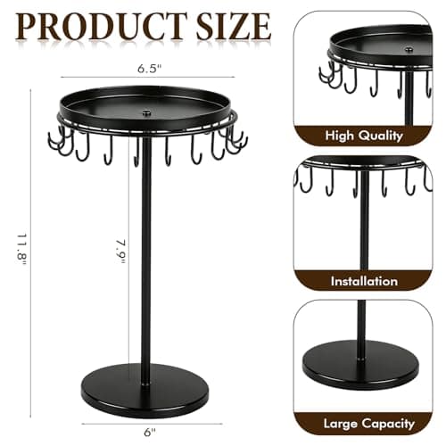 Himake Necklace Holder Metal Jewelry Organizer Stand, Necklace Organizer Hanger with Tray & Hooks for Desk, Jewelry Holder for Necklaces Bracelets and Keychains, Elegant Home Hanging Decor - Black - Thumbnail 3